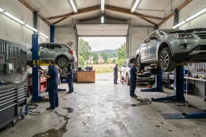 Vue intérieure d'un garage automobile professionnel dans les Deux-Sèvres avec mécaniciens au travail