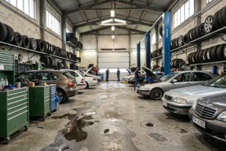 Vue intérieure d'un garage automobile de la Loire avec mécaniciens au travail et voitures sur ponts élévateurs