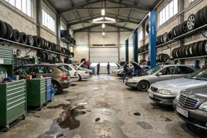 Vue intérieure d'un garage automobile de la Loire avec mécaniciens au travail et voitures sur ponts élévateurs