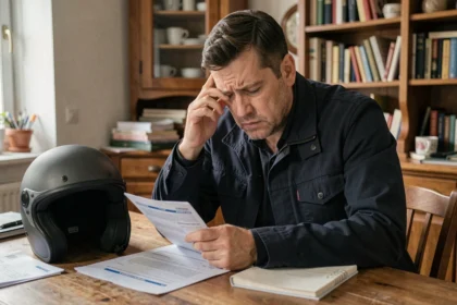 Motard malussé stressé face à des documents d'assurance moto à son bureau