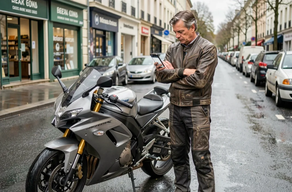 Motard malussé avec son smartphone cherchant une assurance moto dans la rue