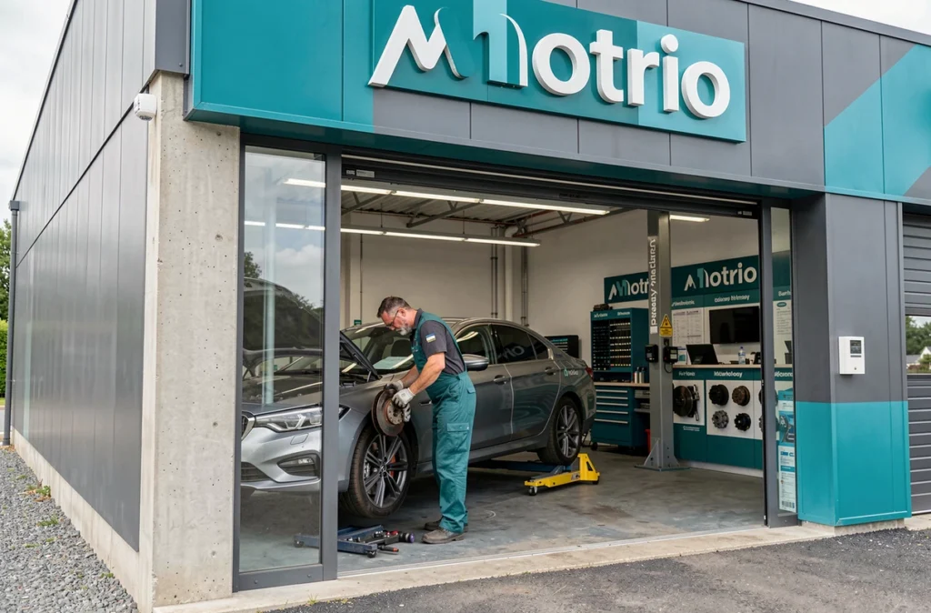 Extérieur du garage Motrio Parthenay avec mécanicien réalisant un contrôle de freins sur un véhicule surélevé