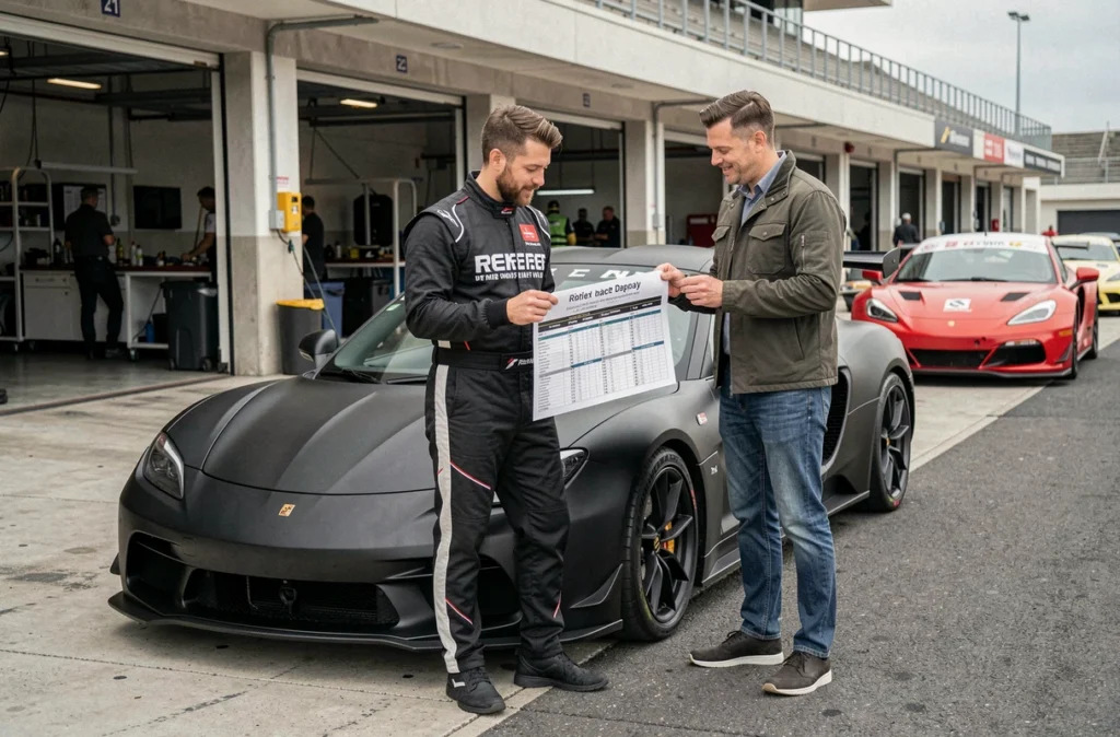 Deux hommes dans un paddock de circuit examinant le programme d'un stage de pilotage