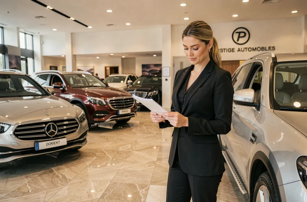 Showroom haut de gamme de Prestige Automobiles à Lorient avec véhicules d'occasion premium et conseillère professionnelle