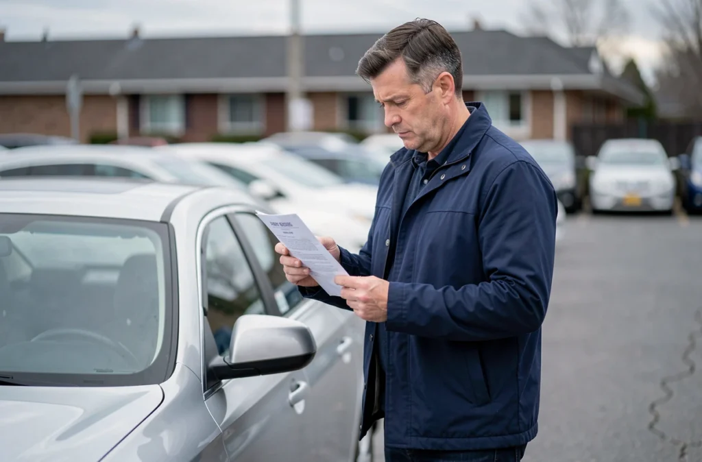 Homme examinant un avis de renouvellement d'assurance auto debout près de sa voiture dans un parking