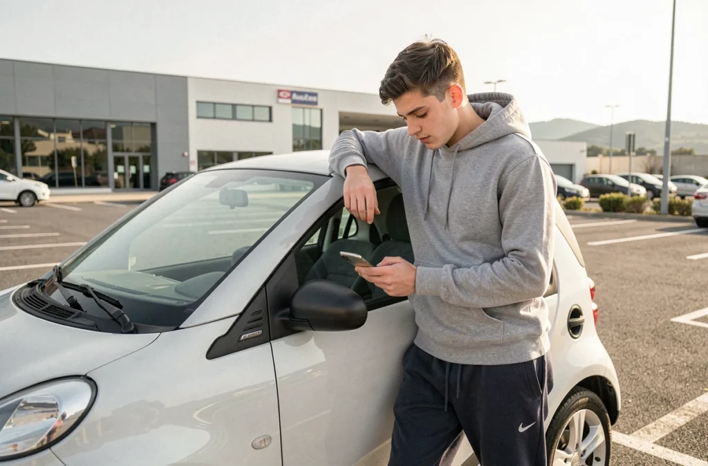 Jeune homme réservant une voiture sans permis en ligne sur smartphone dans un parking de Béziers