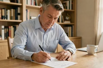 Homme signant un document de résiliation d'assurance auto à son bureau à domicile