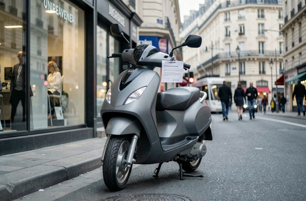 Scooter 125cc garé sur un trottoir urbain devant une agence d'assurance avec un devis d'assurance moto visible sur le guidon
