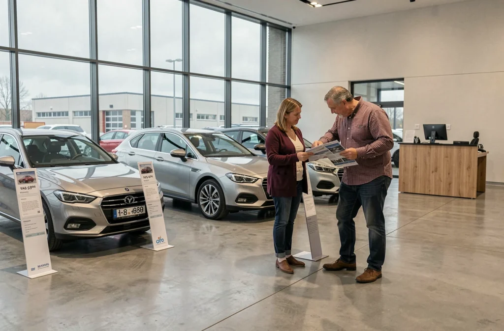 Couple comparant des modèles de voitures sans permis dans un showroom au Mans