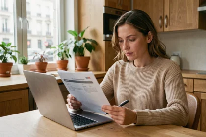 Femme consultant son contrat d'assurance voiture sur ordinateur portable à la maison