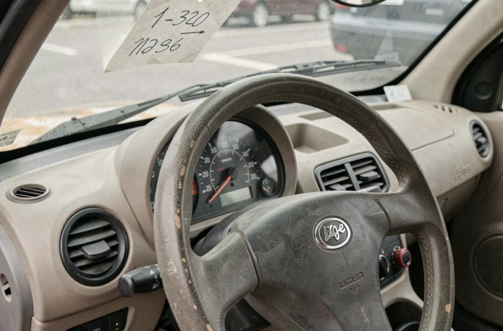 Tableau de bord et volant d'une voiture sans permis d'occasion avec une étiquette de prix visible sur le pare-brise à Perpignan