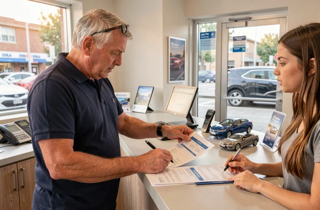 Client consultant les tarifs de location de voiture sans permis dans une agence à Béziers