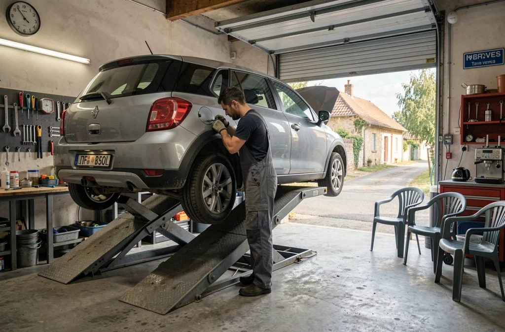 Mécanicien de Terves Autos effectuant une vidange sous un SUV surélevé dans un garage village des Deux-Sèvres