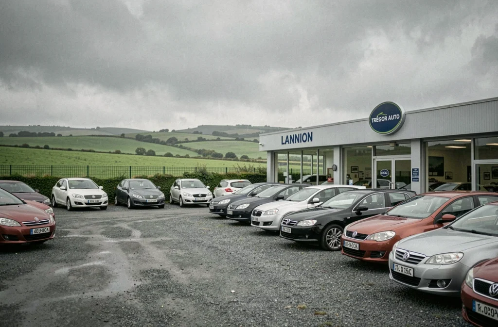 Lot de Trégor Auto à Lannion avec des voitures d'occasion alignées sous le ciel gris des Côtes-d'Armor