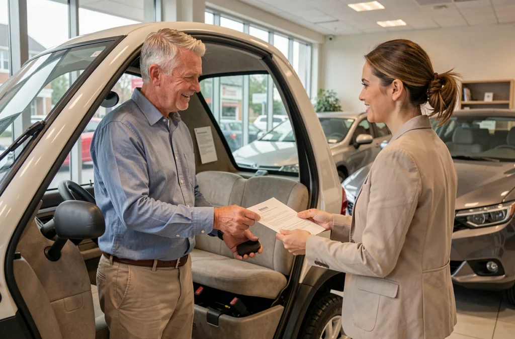 Vendeur en garage présentant une voiture sans permis d'occasion à une cliente intéressée