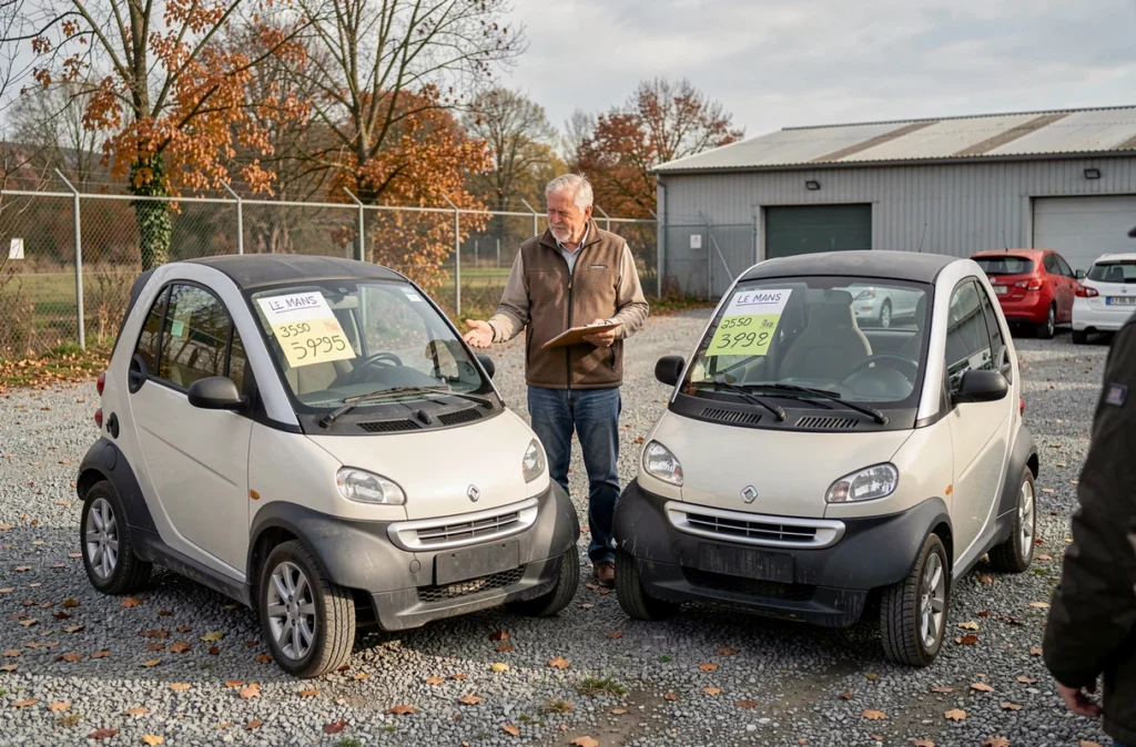 Vendeur présentant des voitures sans permis d'occasion sur un parking au Mans