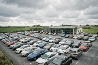 Grand lot de voitures d'occasion dans une concession automobile en Bretagne sous un ciel nuageux atlantique