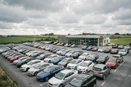 Grand lot de voitures d'occasion dans une concession automobile en Bretagne sous un ciel nuageux atlantique