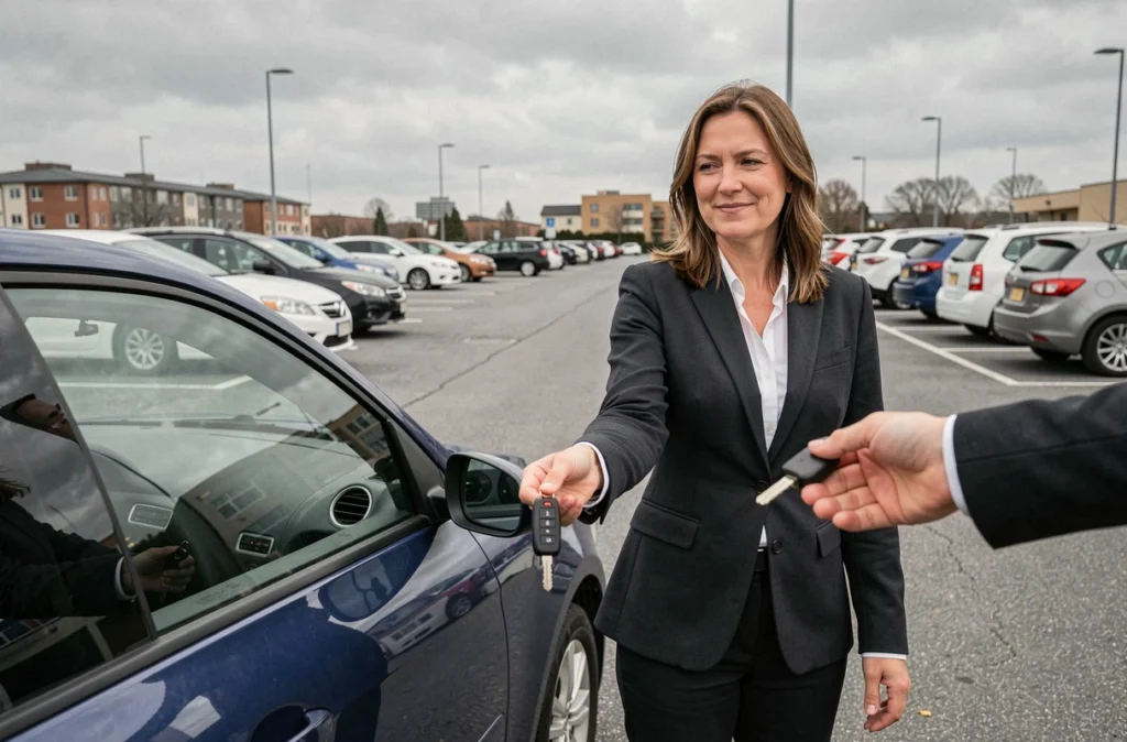 Femme remettant les clés de sa voiture lors d'une vente, démarche de résiliation d'assurance