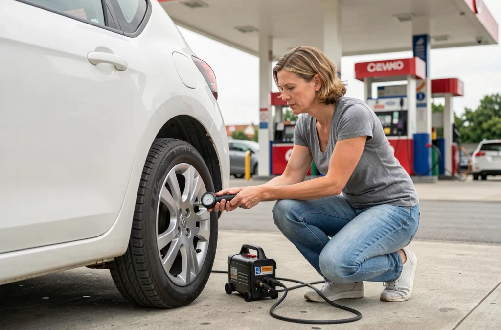 Femme vérifiant la pression d'un pneu de Citroën C3 avec un manomètre à la station-service