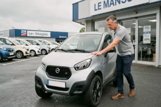 Homme inspectant une voiture sans permis dans une concession automobile au Mans