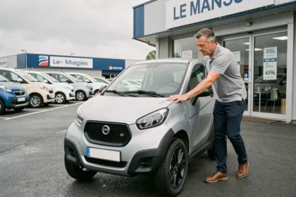 Homme inspectant une voiture sans permis dans une concession automobile au Mans