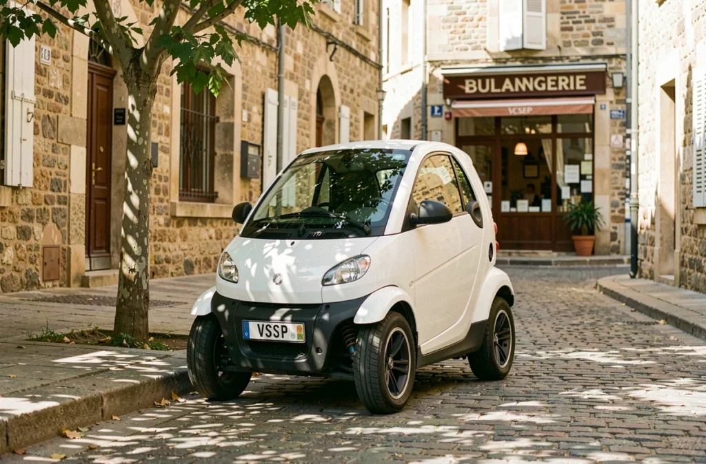 Voiture sans permis blanche garée dans une rue pavée du centre historique de Béziers