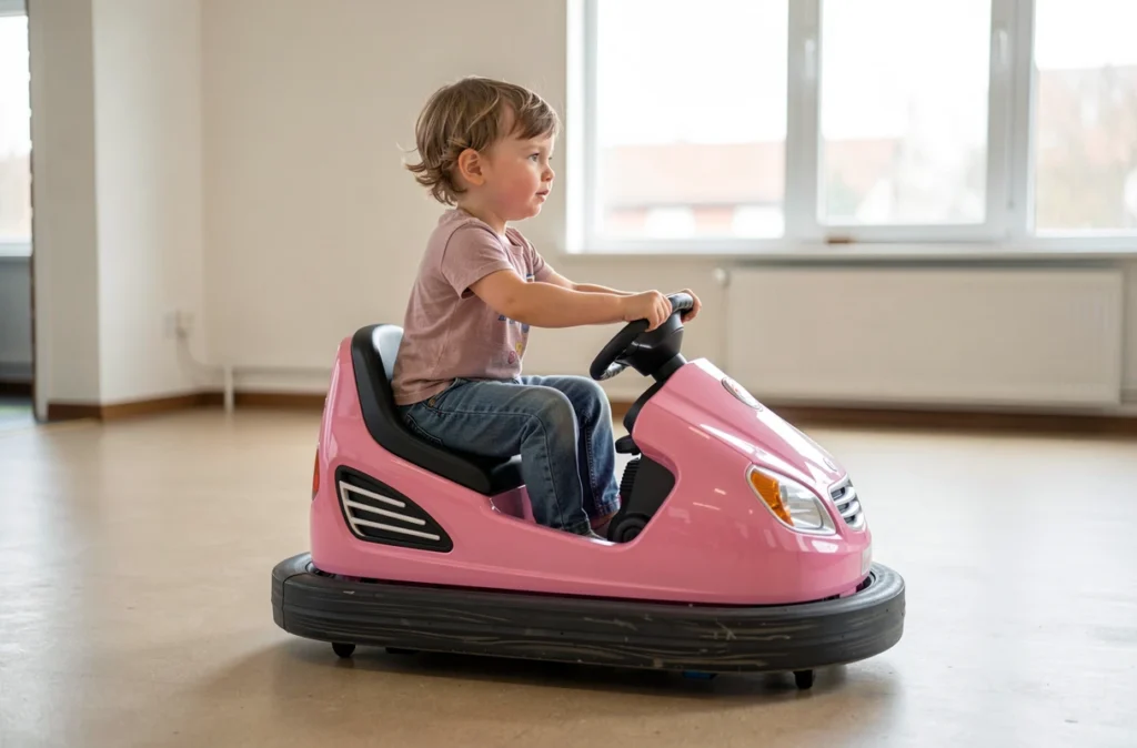 Enfant dans une petite voiture tamponneuse électrique sur un sol lisse