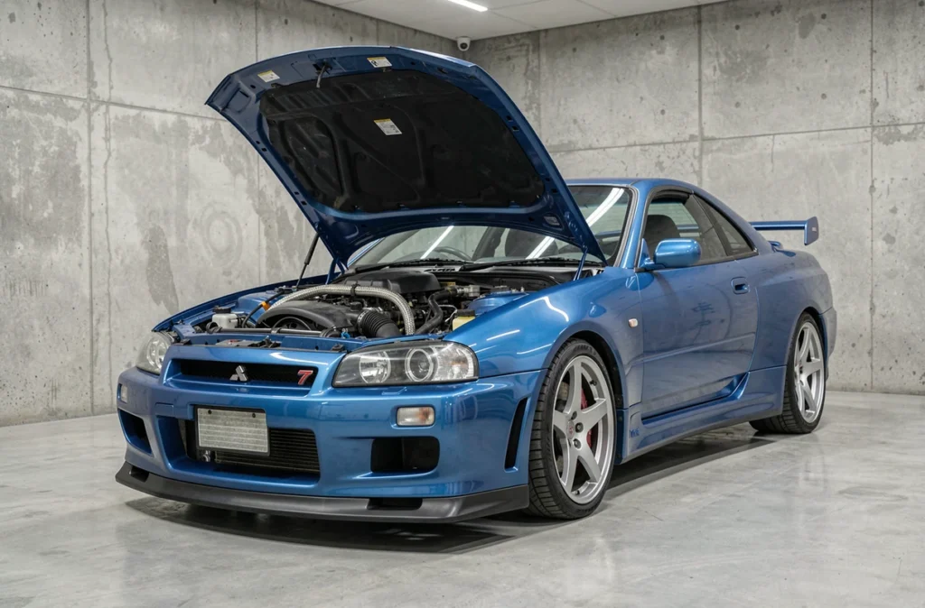 Nissan Skyline GT-R R34 bleu Bayside capot ouvert dans un garage moderne en béton exposé, révélant le moteur RB26DETT twin-turbo en vue grand angle avec détails techniques du compartiment moteur