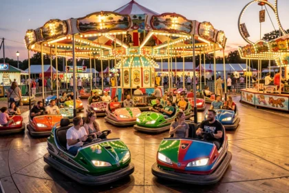 Voitures tamponneuses sur une piste de fête foraine au soir